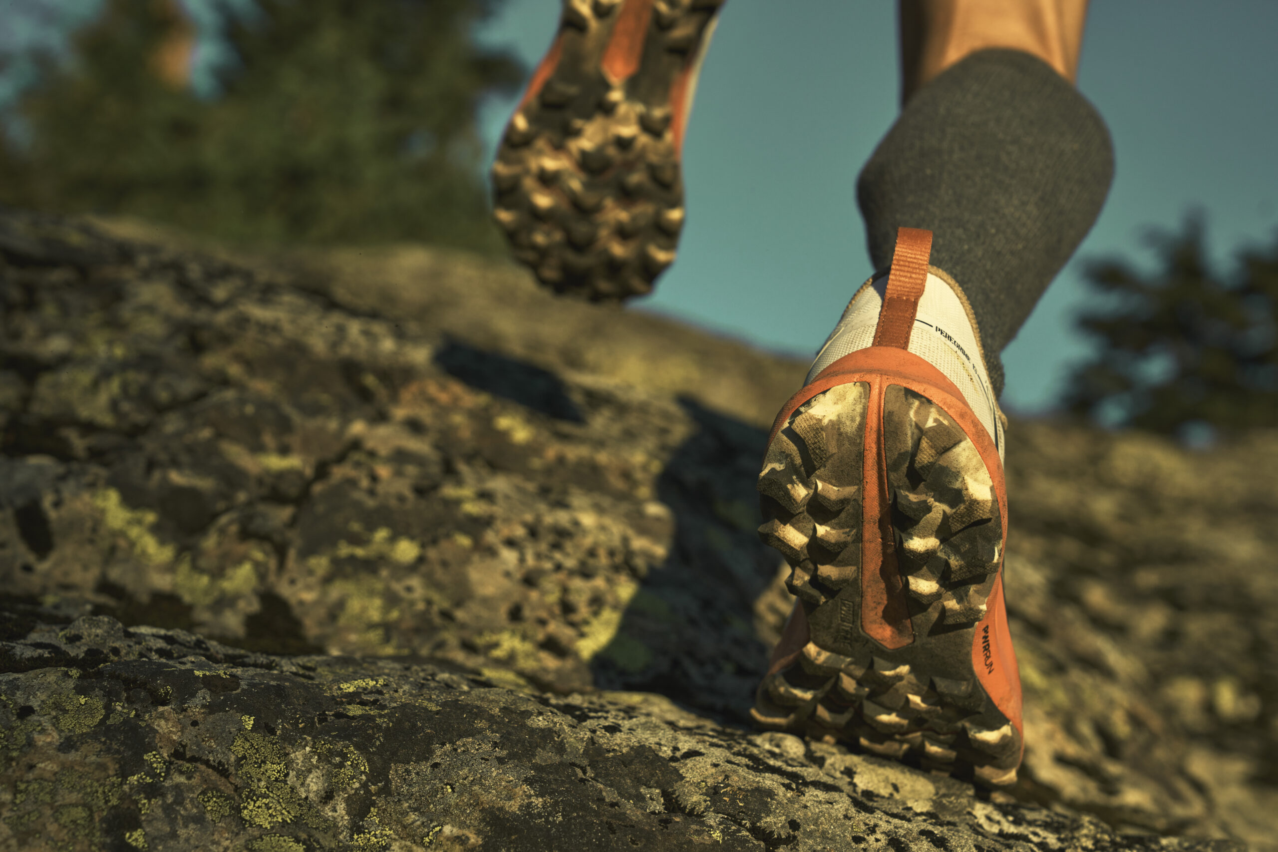 Primer plano de una zapatilla de trail running de mujer que se hunde en  suelos blandos en forest trail